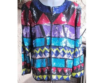 Veste à sequins vintage/Motif multicolore/Design Joseph Le Bon-convient à une petite taille