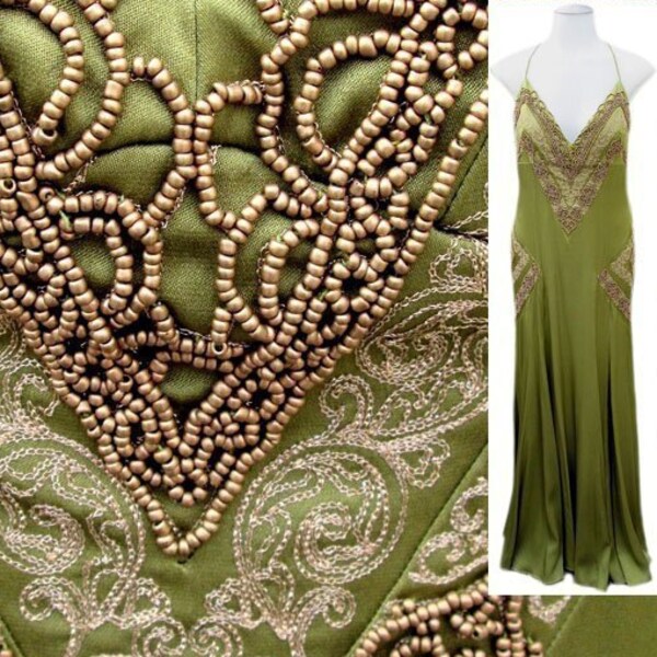 80s Formal Green Gown Satin Beading Gold Embroidery by Nicole Miller Vintage - Fits Size Large (US Sz 12)