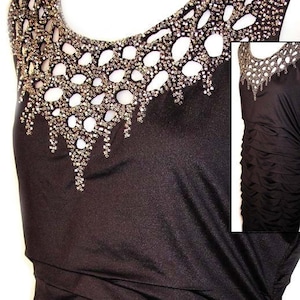 1980s Evening Dress / Black Beaded Neckline / Sleeveless - Fits Size Medium to Large