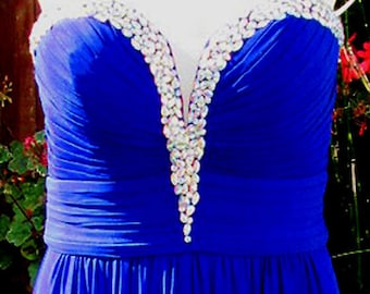 Blue Strapless Dress / Sweetheart Beaded Neckline / Vintage 1990s - Fits Size Small (US Sz 6)