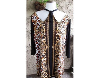 Tunic Pull Over / Stretch / Neckline Cut Outs / Exotic Print / Vintage 2000s / Unworn / Fits Size Large