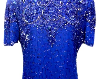80s Silk Dress / Midnight Blue / Sequins / Beading / Vintage - Fits Size Small to Medium
