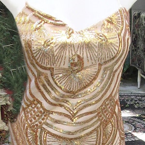 Sequined Formal Gown / Gold Sequins / Polyester Fabric / Lace Up Back / Floor Length / Vintage 2000s - Fits Size Small to Medium