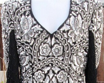 Vintage Beaded Dress / Silk / Black and Silver Sequins / Long Sleeves / 1970s - Fits Size Large