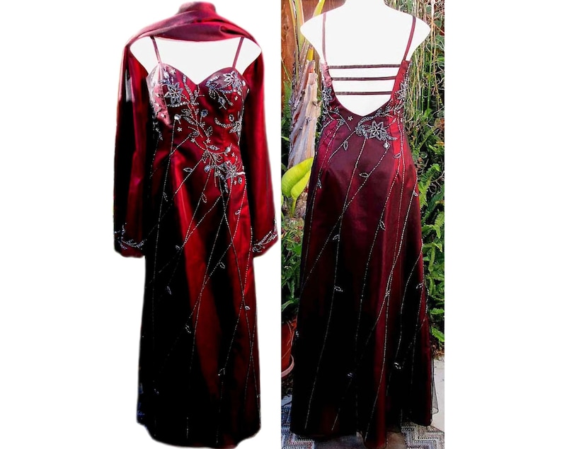 Vintage 80s Long Beaded Dress / Matching Shawl / Burgundy Color / Sleeveless / by Alyce Designs Fits Size Medium US Sz 10 image 3