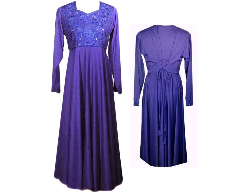 Vintage Embroidered Dress / Purple / Long Sleeves / Mirror Accents / Lace-Up Back / 1970s Fits Size Small to Medium image 3