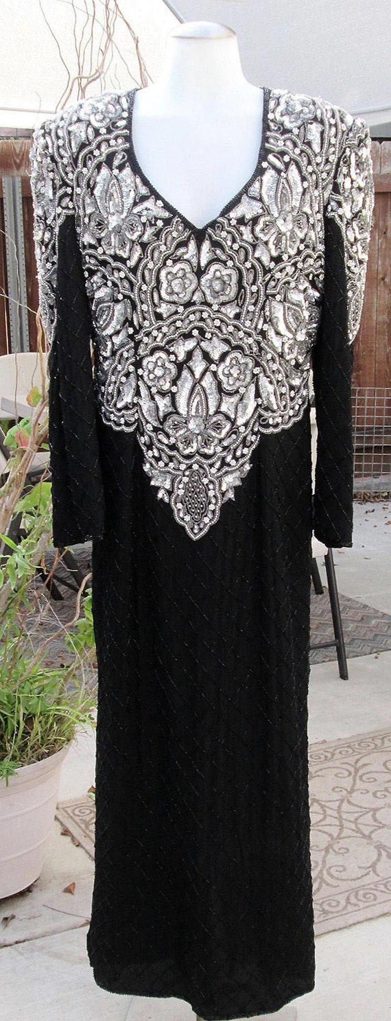 Vintage Beaded Dress / Silk / Black and Silver Se… - image 7