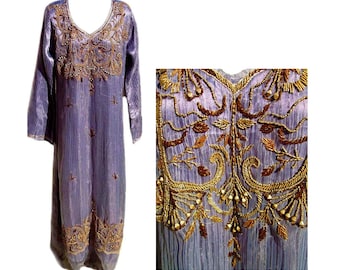 Vestido largo de seda / Bordado a mano con cuentas / Largo hasta el suelo / Bordado / Estilo vintage de los años 90 - Talla pequeña