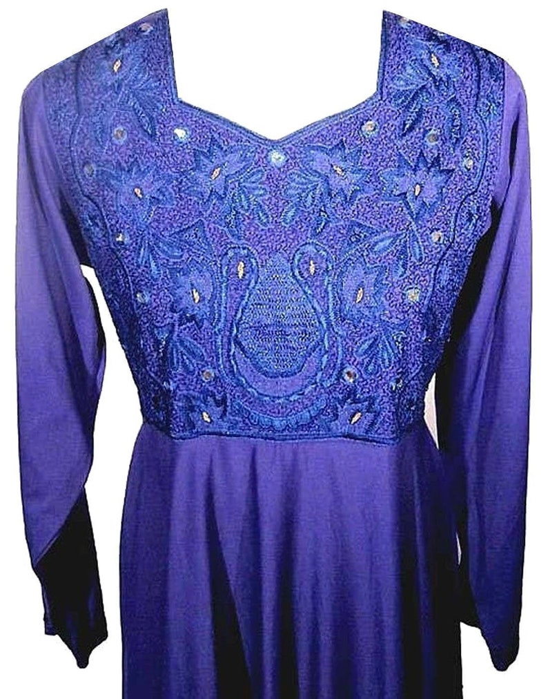 Vintage Embroidered Dress / Purple / Long Sleeves / Mirror Accents / Lace-Up Back / 1970s Fits Size Small to Medium image 2