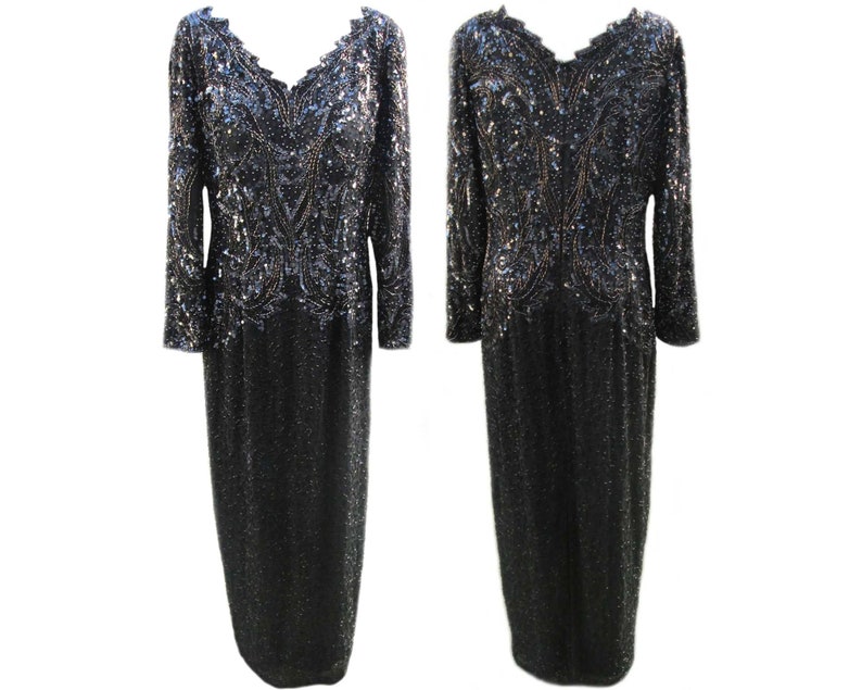Vintage Formal Sequin Dress / Grayish Black Color / Beading / from Niteline by Della Roufogali / 1990s Fits Size Large US Sz 10 image 2