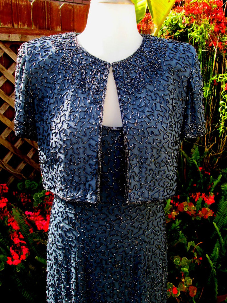 Vintage 80s Dress Set / Formal / Matching Dress and Jacket / Hand Beaded / Silk Fabric Fits Size Medium image 5