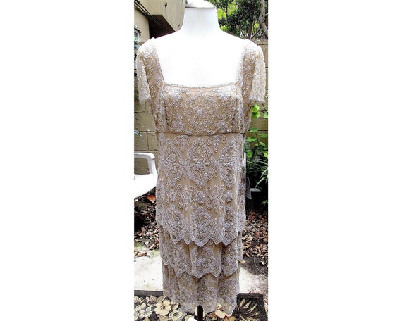 Vintage Tiered Formal Dress / Beige / Sequins / 1… - image 1
