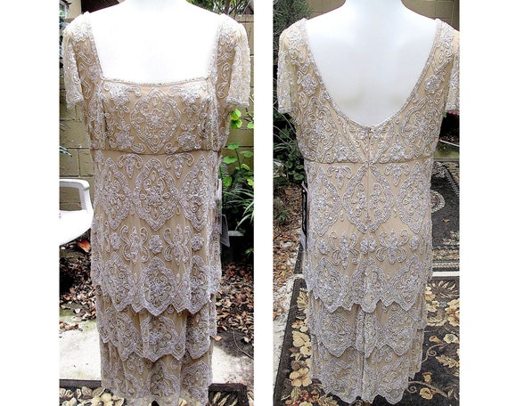Vintage Tiered Formal Dress / Beige / Sequins / 1… - image 2