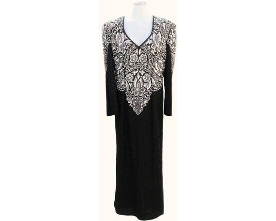 Vintage Beaded Dress / Silk / Black and Silver Se… - image 1