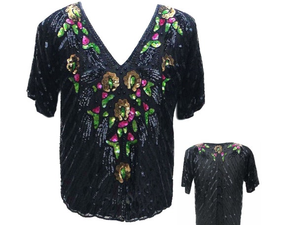 Vintage 1980s Silk Top / Black Semi Sheer / Beadi… - image 3