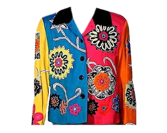 Vintage 80s Jacket / Bold Colors / Floral Designs / Embroidery - Fits Size Small to Medium