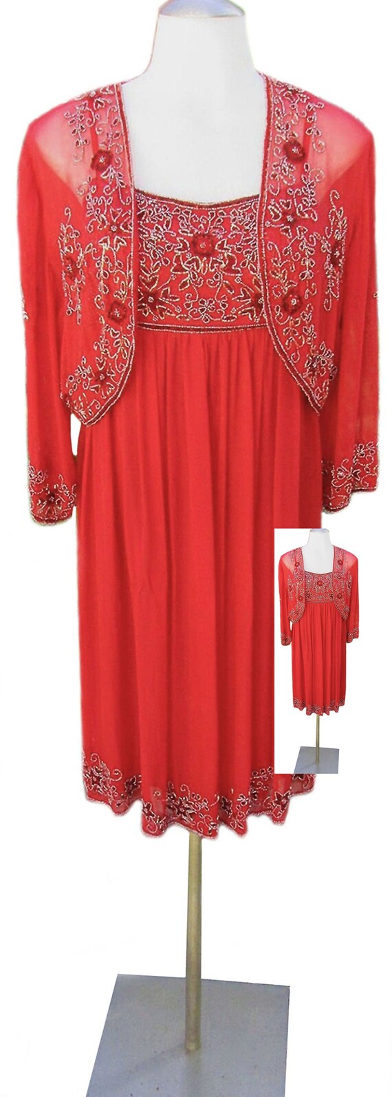 Red Silk Dress / Beaded / Sheer Cropped Jacket / V