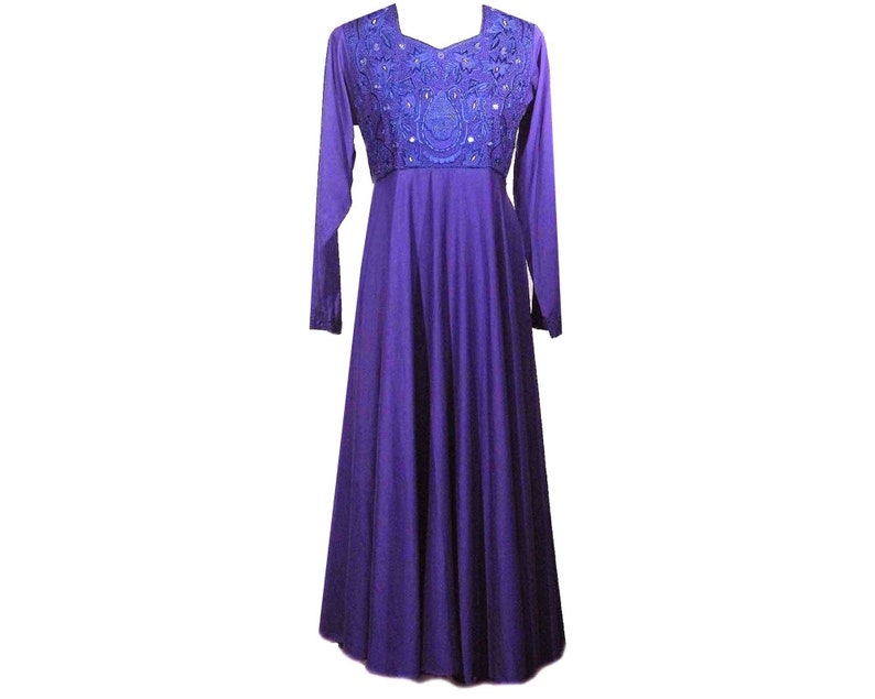Vintage Embroidered Dress / Purple / Long Sleeves / Mirror Accents / Lace-Up Back / 1970s Fits Size Small to Medium image 1
