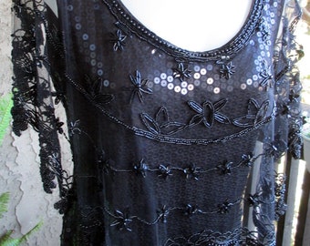80s Sequin Formal Dress – Black Beaded Lace, Size Medium