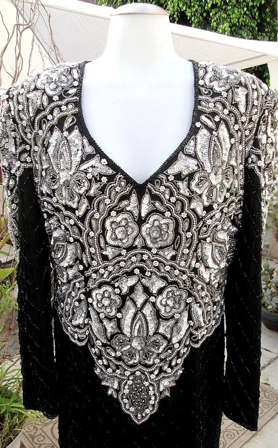 Vintage Beaded Dress / Silk / Black and Silver Se… - image 3