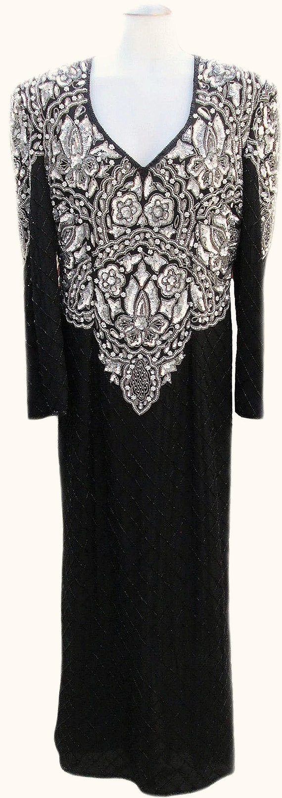 Vintage Beaded Dress / Silk / Black and Silver Se… - image 4