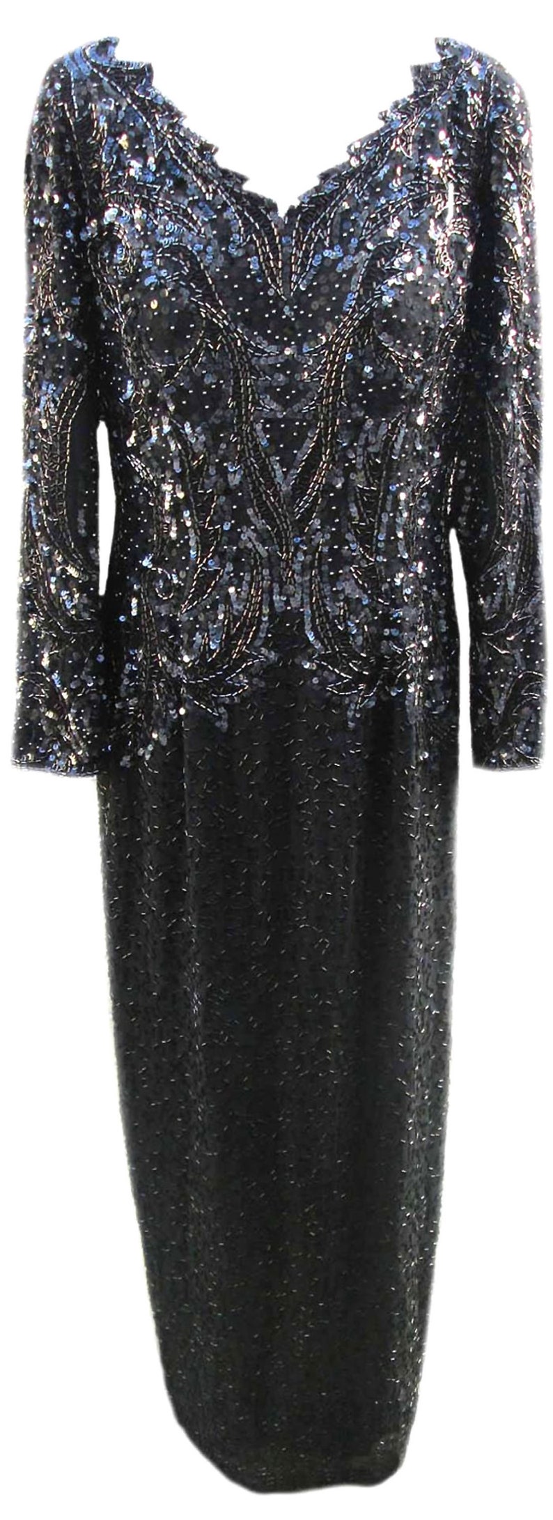 Vintage Formal Sequin Dress / Grayish Black Color / Beading / from Niteline by Della Roufogali / 1990s Fits Size Large US Sz 10 image 3