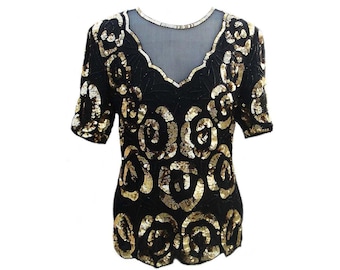 Vintage Silk Blouse Gold Sequins Black Silk Designed by Laurence Kazar 1970s - Fits Size Medium