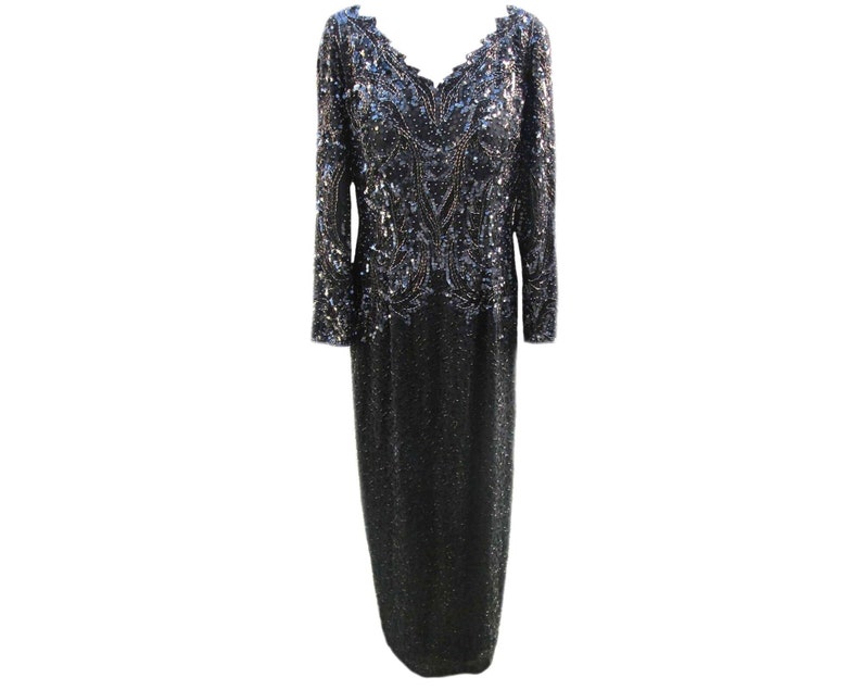 Vintage Formal Sequin Dress / Grayish Black Color / Beading / from Niteline by Della Roufogali / 1990s Fits Size Large US Sz 10 image 1