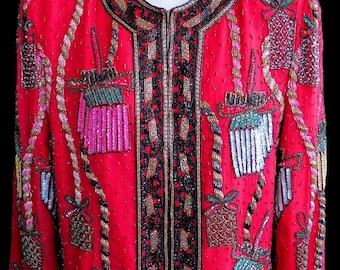 Vintage Scala Holiday Jacket - Red Silk, Beaded Sequins, Medium