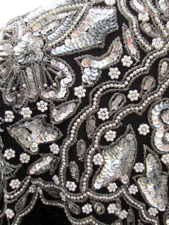 Vintage Beaded Dress / Silk / Black and Silver Se… - image 5