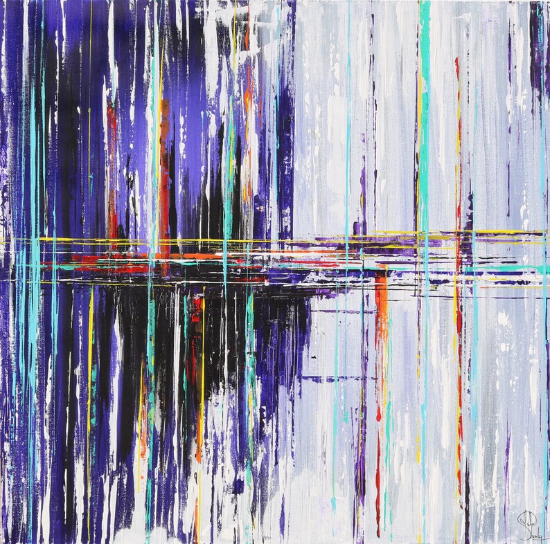 Puede incluir: Pintura abstracta con pinceladas verticales y horizontales en tonos de morado, blanco, negro, turquesa, amarillo, naranja y rojo.
