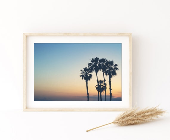 Los Angeles photography, Sunset on the Beach, palm tree wall art, California Coast Photography, blue gold Il_570xn