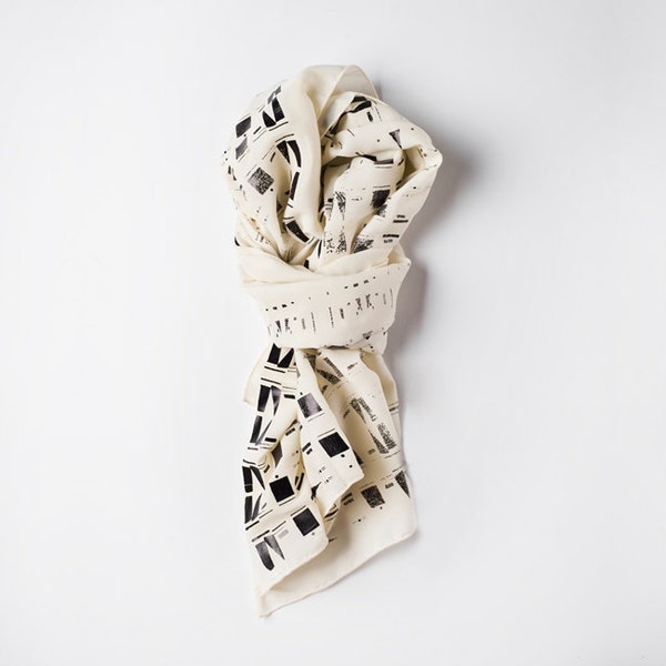 Cream Silk Chiffon Scarf, Hand Screen Printed in Black Eclectic Pattern