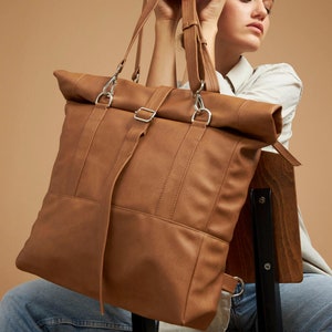 Vegan Backpack Convertible Tote Bag, Brown Rolltop Rucksack, Minimalist Backpack, Vegan Travel Bag, Commuter Bag, Faux Leather Shoulder Bag image 6