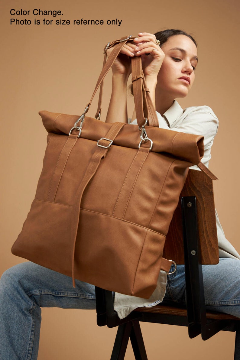 Vegan Backpack Convertible Tote Bag, Brown Rolltop Rucksack, Minimalist Backpack, Vegan Travel Bag, Commuter Bag, Faux Leather Shoulder Bag image 6