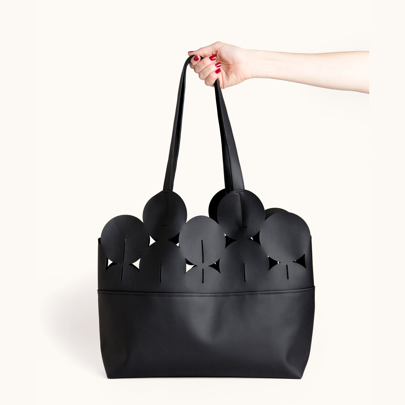 black vegan leather tote bag