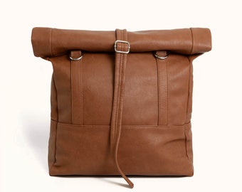 Vegan Backpack Convertible Tote Bag, Brown Rolltop Rucksack, Minimalist Backpack, Vegan Travel Bag, Commuter Bag, Faux Leather Shoulder Bag