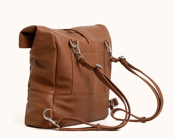 Vegan Leather Shoulder Bag, Vegan Backpack, Convertible Backpack Tote, Brown Rolltop Rucksack, Women's Backpack, Vegan Shoulder Bag