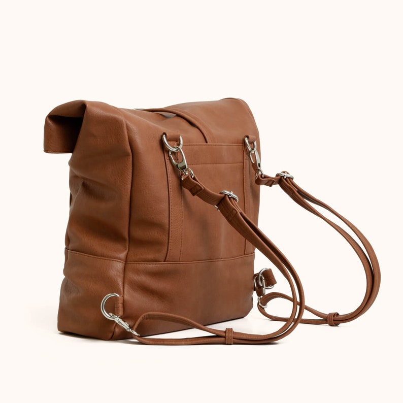 Vegan Leather Shoulder Bag, Vegan Backpack, Convertible Backpack Tote, Brown Rolltop Rucksack, Women's Backpack, Vegan Shoulder Bag image 1