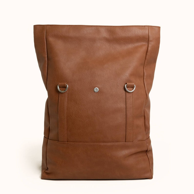 Vegan Backpack Convertible Tote Bag, Brown Rolltop Rucksack, Minimalist Backpack, Vegan Travel Bag, Commuter Bag, Faux Leather Shoulder Bag image 4