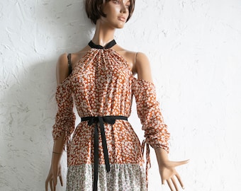 70s Boho Maxi Dress: Colorblock Calico Print, Shoulderless Sleeves