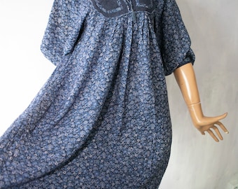 70s Indian Floral Tent Dress: Viscose Smock Midi, Embroidered Detail