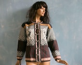Vtg woman brown Nordic knitted cardigan sweater grey white yellow deer pattern Norwegian wool acrylic blend jacket metal clasps S
