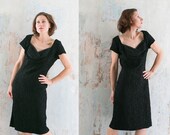 Vintage 60s little wiggle black dress Sweetheart Shelf Bust short sleeve deep decolette black lace knee length party coctail dress M