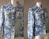 Vintage woman White blue cotton Blouse Shirt long sleeves cotton linen blend casual batik tie dye shirt M