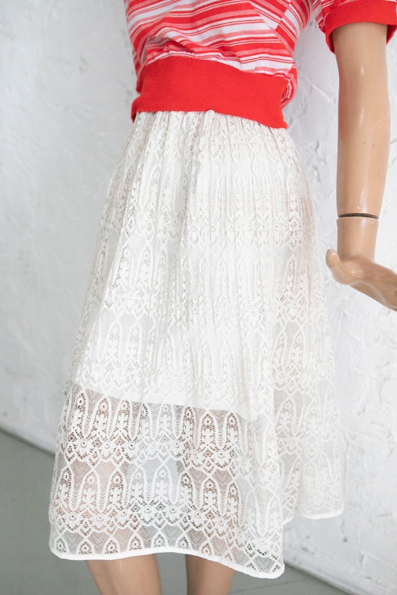 Ivory white beige color lace skirt/ midi length s… - image 7