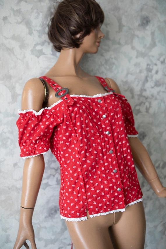 Cotton Dirndl blouse/Vintage 80s  red calico prin… - image 3