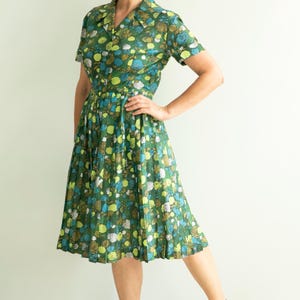 Vintage 50s  dress blue green floral print accordion pleated skirt day dress/ S