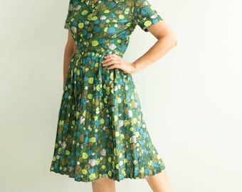 Vintage 50s  dress blue green floral print accordion pleated skirt day dress/ S