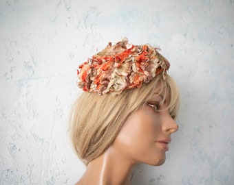 Vintage 50s Feather Pillbox Hat: Orange & Brown Velvet Fascinator
